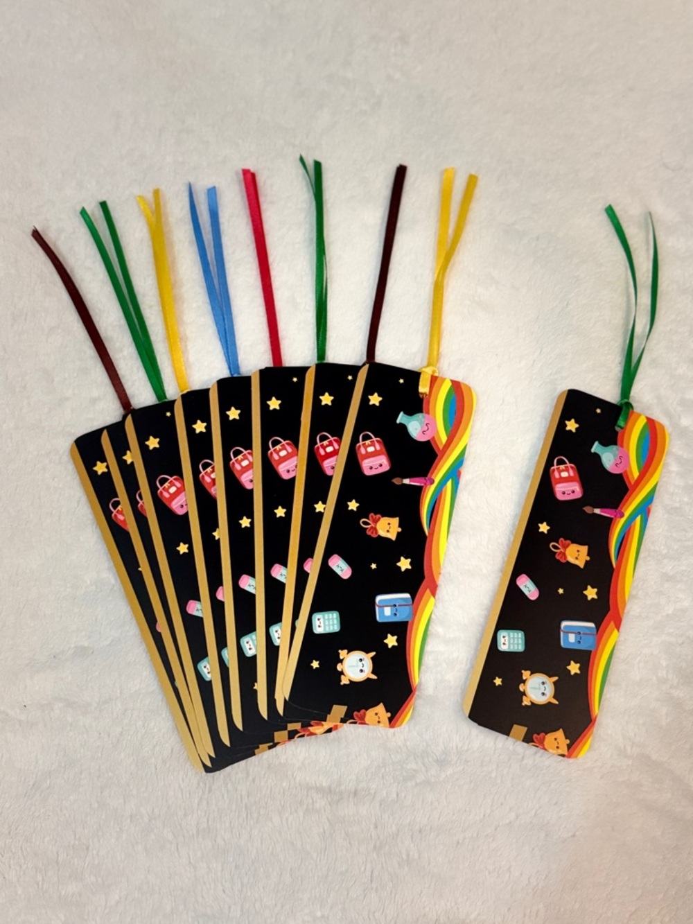 Hand Crafted Kids Bookmarks with Rainbow Edge and Multicolor Ribbons